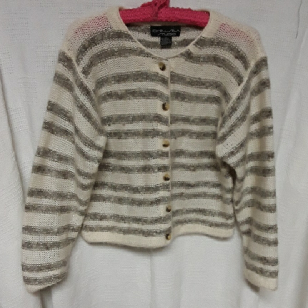 Chelsea Studio Ivory,Gray Striped Button Up Mohair Blend Cardigan